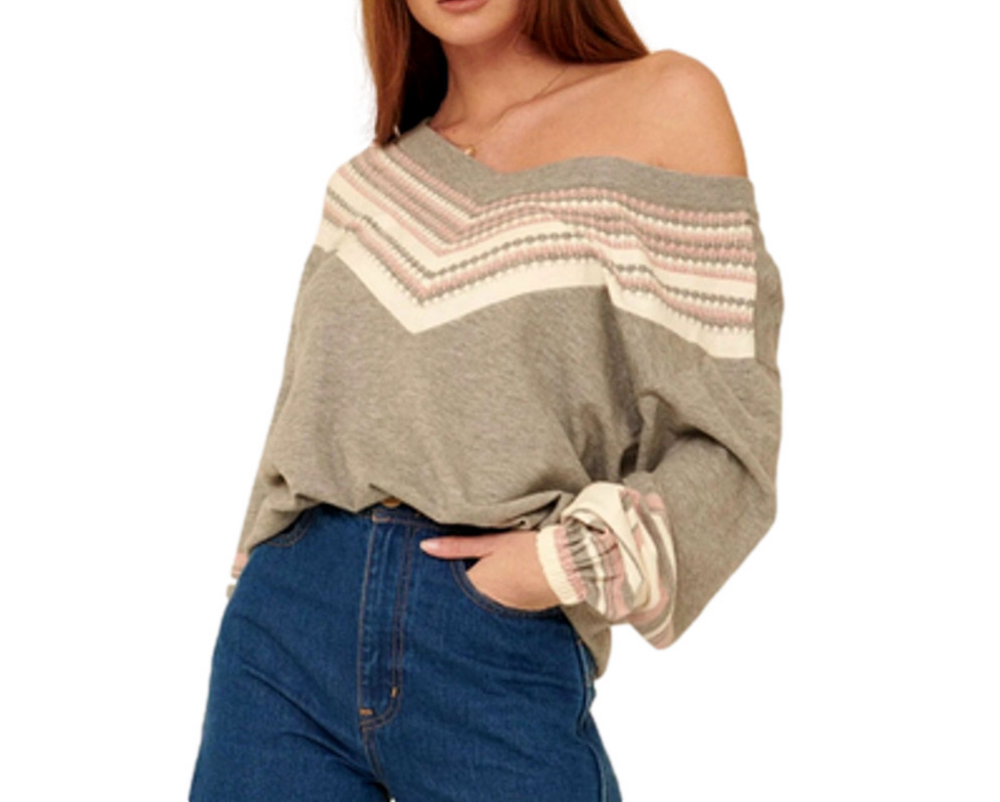 Promesa Say Anything Gray Wide V-Neck Long Sleeve Oversized Sweater Sz S